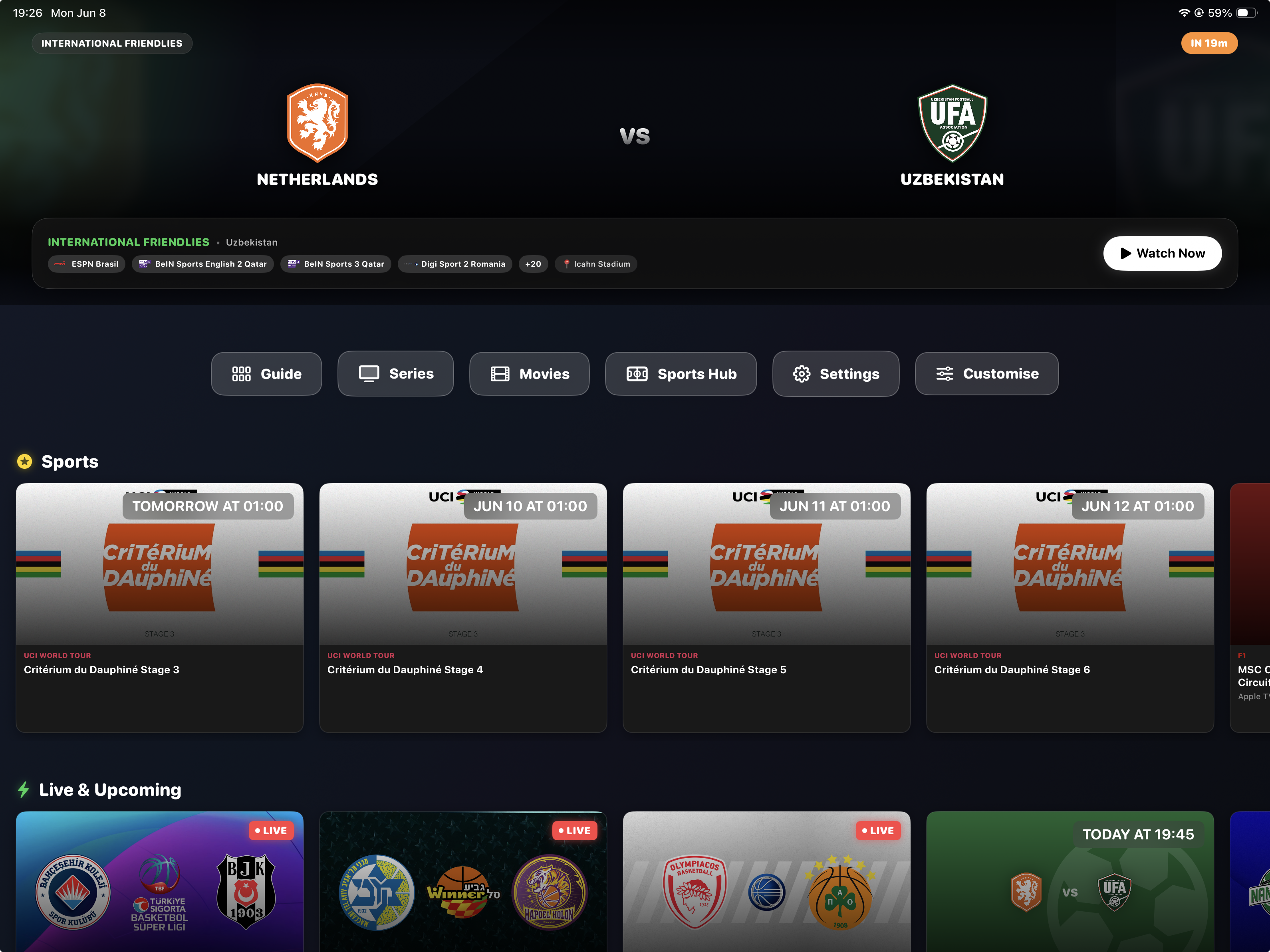 TivEPG fully customisable IPTV home hub on iPhone showing personalised live TV and sports content rows, the TiviMate alternative for iOS
